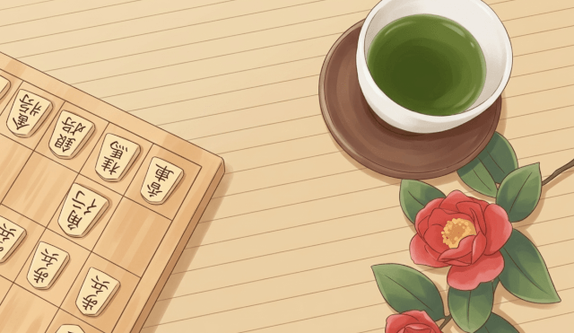 将棋盤とお茶とお花